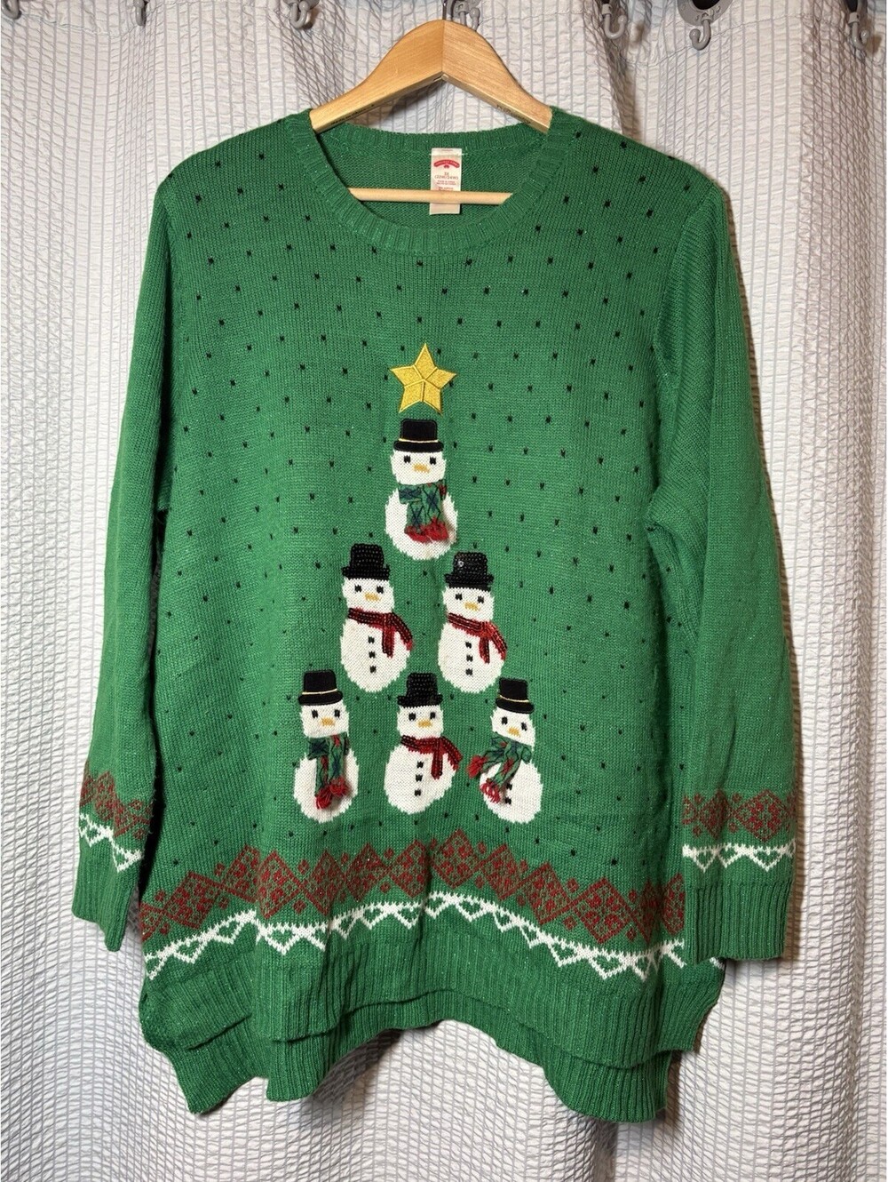 Holiday Time Sweater Women's Size 3XL Green Snowmen Stacked Tree W/3D Scarves